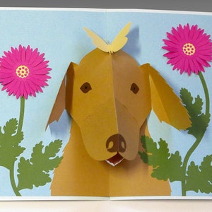DIY Golden Retriever met Gerbera madeliefjes en vlinder pop-up kaart sjabloon SVG- en PDF-bestanden voor onmiddellijke download