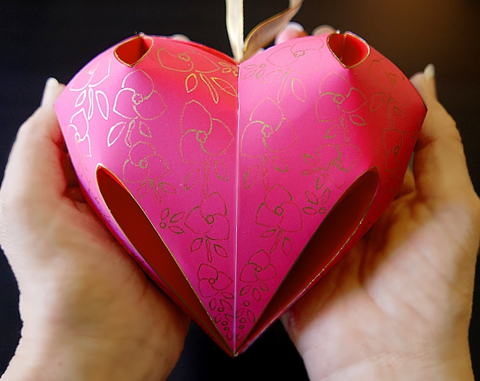 DIY 3D Paper Heart with Gold Blossoms, SVG & PDF printable ornament for instant download