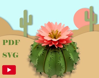 Gör-det-själv 3D blommande kaktus, mall utan lim, PDF- och SVG-filer för omedelbar nedladdning