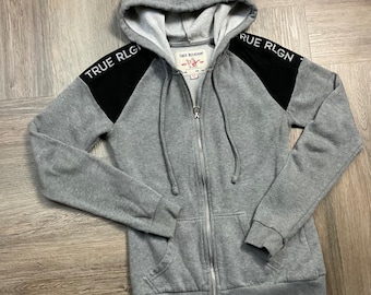 Y2K True Religion Graphic Logo Zip Up Hoodie Womens XS Gray Black Retro Casual