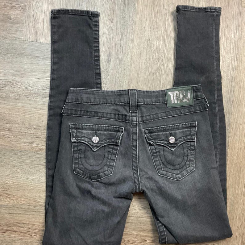 Y2K 2000s True Religion TRBJ Rhinestone Embellished Skinny Jeans Womens 27 Black image 3