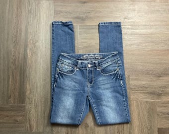 VTG Y2K パパイヤクロス装飾ポケット付きスキニーローライズジーンズ レディース 5 ブルー ボヘミアン