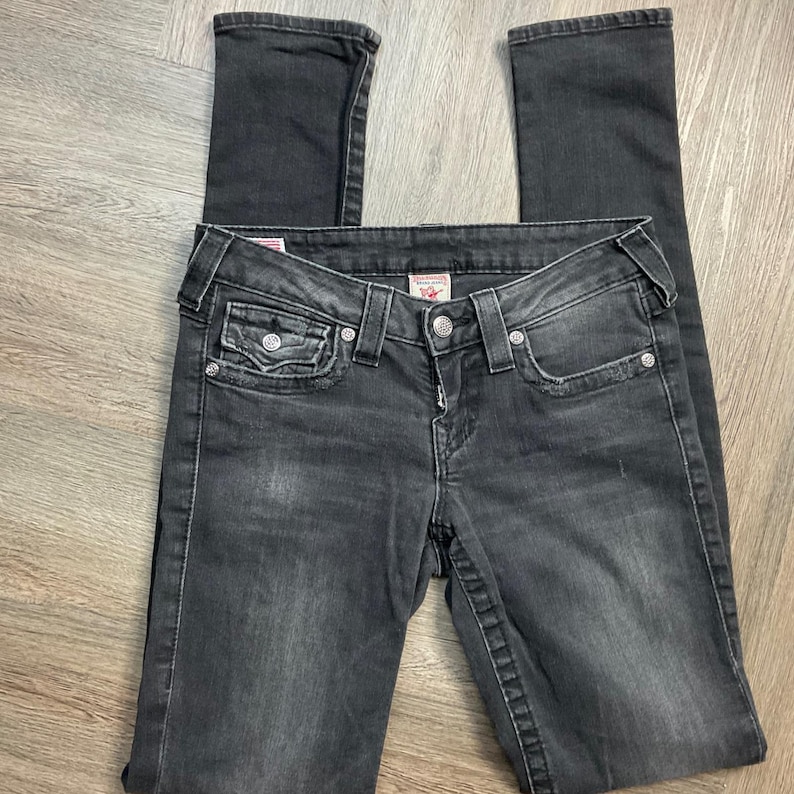 Y2K 2000s True Religion TRBJ Rhinestone Embellished Skinny Jeans Womens 27 Black image 2