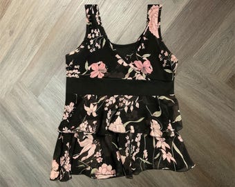 Vintage tanktop met ruches dames XS zwart roze bloemen mouwloos Y2K jaren 90 Coquette