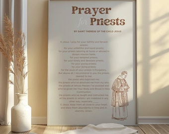 Pode incluir: Uma oração imprimível para padres, escrita por Santa Teresa do Menino Jesus. A oração está impressa em marrom em um fundo branco. Um desenho de um padre com batina está no canto inferior direito.