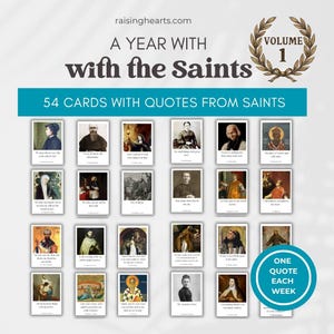 Op de afbeelding: Een set van 54 kaarten getiteld A Year with the Saints Volume 1, met portretten van diverse heiligen en religieuze citaten. De kaarten zijn in een raster gerangschikt, met een turquoise banner en een turquoise cirkel.