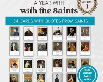 Może przedstawiać: Zestaw 54 kart zatytułowany A Year with the Saints Volume 1, zawierający portrety różnych świętych i cytaty religijne. Karty są ułożone w siatkę, z turkusowym banerem oraz turkusowym kołem z napisem one quote each week.