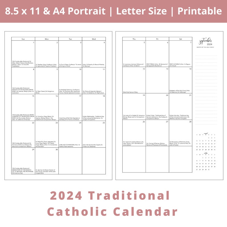 2024 Traditional Catholic Monthly Planner Inserts PRINTABLE PDF sizes 8 ...
