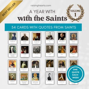 Könnte beinhalten: Ein Set aus 54 Karten mit dem Titel A Year with the Saints Volume 1, das Porträts verschiedener Heiliger und religiöser Figuren sowie inspirierende Zitate zeigt. Die Karten sind in einem Raster angeordnet, mit einem goldenen Best Seller-Banner und einem blauen One Quote Each Week-Abzeichen.