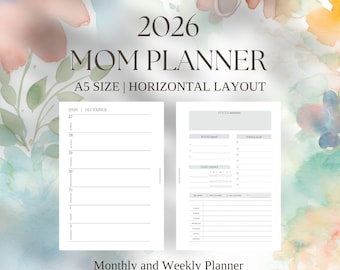 May include: A white 2026 Mom Planner with a horizontal layout, A5 size, and 190+ pages. The planner includes monthly and weekly spreads with sections for notes and habit tracking. The cover reads "Now Available".