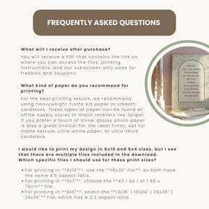 Pode incluir: Uma se&ccedil;&atilde;o de perguntas frequentes para arte de parede imprim&iacute;vel. O texto explica o que est&aacute; inclu&iacute;do na compra, qual tipo de papel &eacute; recomendado para impress&atilde;o e como escolher o tamanho de arquivo correto para diferentes tamanhos de impress&atilde;o. A imagem tamb&eacute;m inclui uma amostra de arte de parede imprim&iacute;vel, que &eacute; um fundo bege com texto preto.