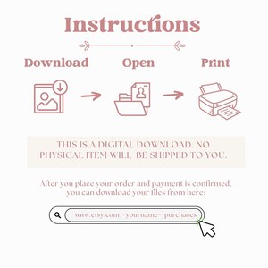 Pode incluir: Um gr&aacute;fico rosa e branco com instru&ccedil;&otilde;es sobre como baixar, abrir e imprimir um arquivo digital. O gr&aacute;fico inclui &iacute;cones para um download, uma pasta e uma impressora. O texto "Esta &eacute; uma transfer&ecirc;ncia digital. Nenhum item f&iacute;sico ser&aacute; enviado para voc&ecirc;." est&aacute; inclu&iacute;do no gr&aacute;fico. O texto "www.etsy.com/yourname/purchases" est&aacute; inclu&iacute;do no gr&aacute;fico.