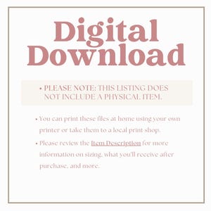 Pode incluir: Um aviso de download digital com o texto "Download digital" em letras grandes cor-de-rosa. O texto abaixo explica que a listagem n&atilde;o inclui um item f&iacute;sico e que os arquivos podem ser impressos em casa ou em uma gr&aacute;fica local. Tamb&eacute;m incentiva os compradores a revisar a descri&ccedil;&atilde;o do item para obter mais informa&ccedil;&otilde;es.