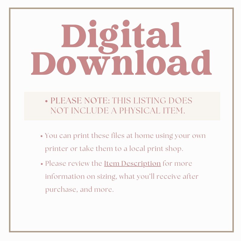 Pode incluir: Um aviso de download digital com o texto "Download digital" em letras grandes cor-de-rosa. O texto abaixo explica que a listagem n&atilde;o inclui um item f&iacute;sico e que os arquivos podem ser impressos em casa ou em uma gr&aacute;fica local. Tamb&eacute;m incentiva os compradores a revisar a descri&ccedil;&atilde;o do item para obter mais informa&ccedil;&otilde;es.