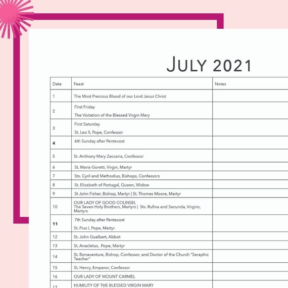 2021-2022 List Of Traditional Catholic Feasts Calendar Based | Etsy Canada
