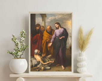 Stampa artistica "Cristo che guarisce il paralitico" / Murillo, dipinto cattolico, decorazione tradizionale (cornice in legno bianca e nera)