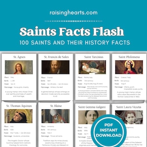 May include: A teal infographic titled "Saints Facts Flash" with facts about 100 saints. The infographic includes portraits and information about each saint, such as their place of birth, birth year, feast day, and patronage.