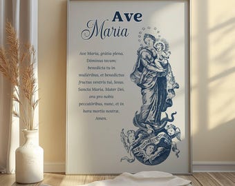 Pode incluir: Uma ilustração vintage azul e branca da Virgem Maria segurando o menino Jesus. A imagem inclui o texto "Ave Maria" e uma oração em latim.
