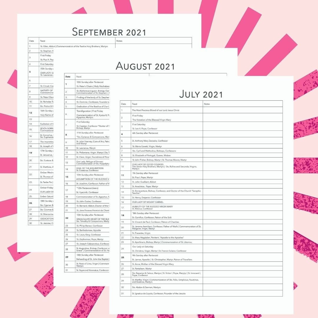 2021-2022 List Of Traditional Catholic Feasts Calendar Based | Etsy Canada