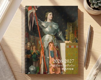 Agenda cattolica tradizionale 2026-2027 – Copertina con Santa Giovanna d'Arco, layout settimanale