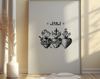 Pode incluir: Impressão a preto e branco de três corações estilizados com uma cruz e flores. O texto '+ JMJ +' está no topo da impressão.