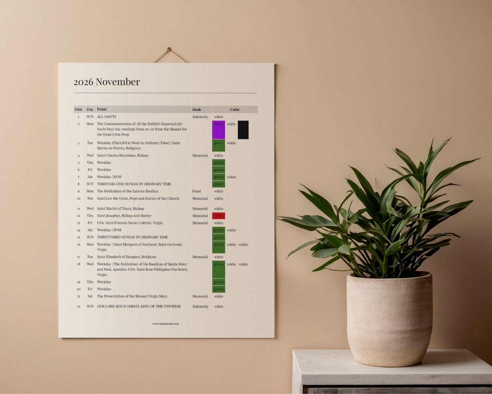 2026 US Catholic Liturgical Calendar PDF: Color Coded Feasts, Ranks ...