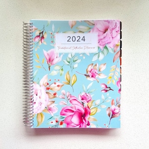 2024 Traditional Catholic Planner | Spiral 7" x 9" | Vertical/ Horizontal Layout | Cover Design: Roses on Teal Background - FREE US SHIPPING