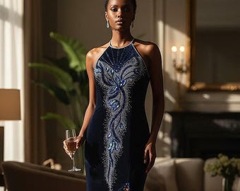 Vestido de noche azul marino con detalles en verde, vestido de lentejuelas con cuentas hechas a mano; talla 3