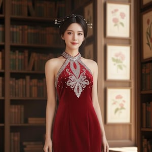 Rubinrotes Samt Abendkleid: Handgefädeltes Silber Pailletten Abendkleid Gr. XL