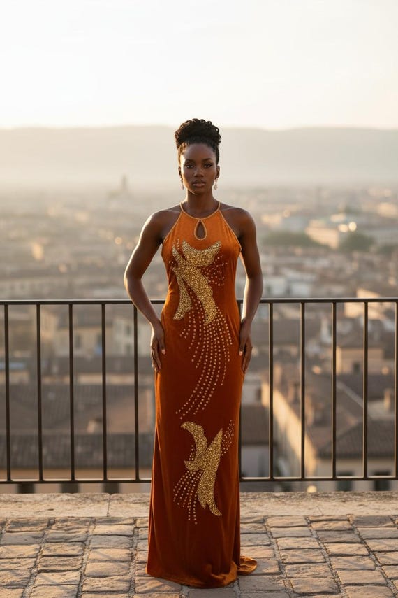 Elegant Burnt Orange Evening Gown Accents Hand Beaded With Gold Sequins,  Size Small - Etsy