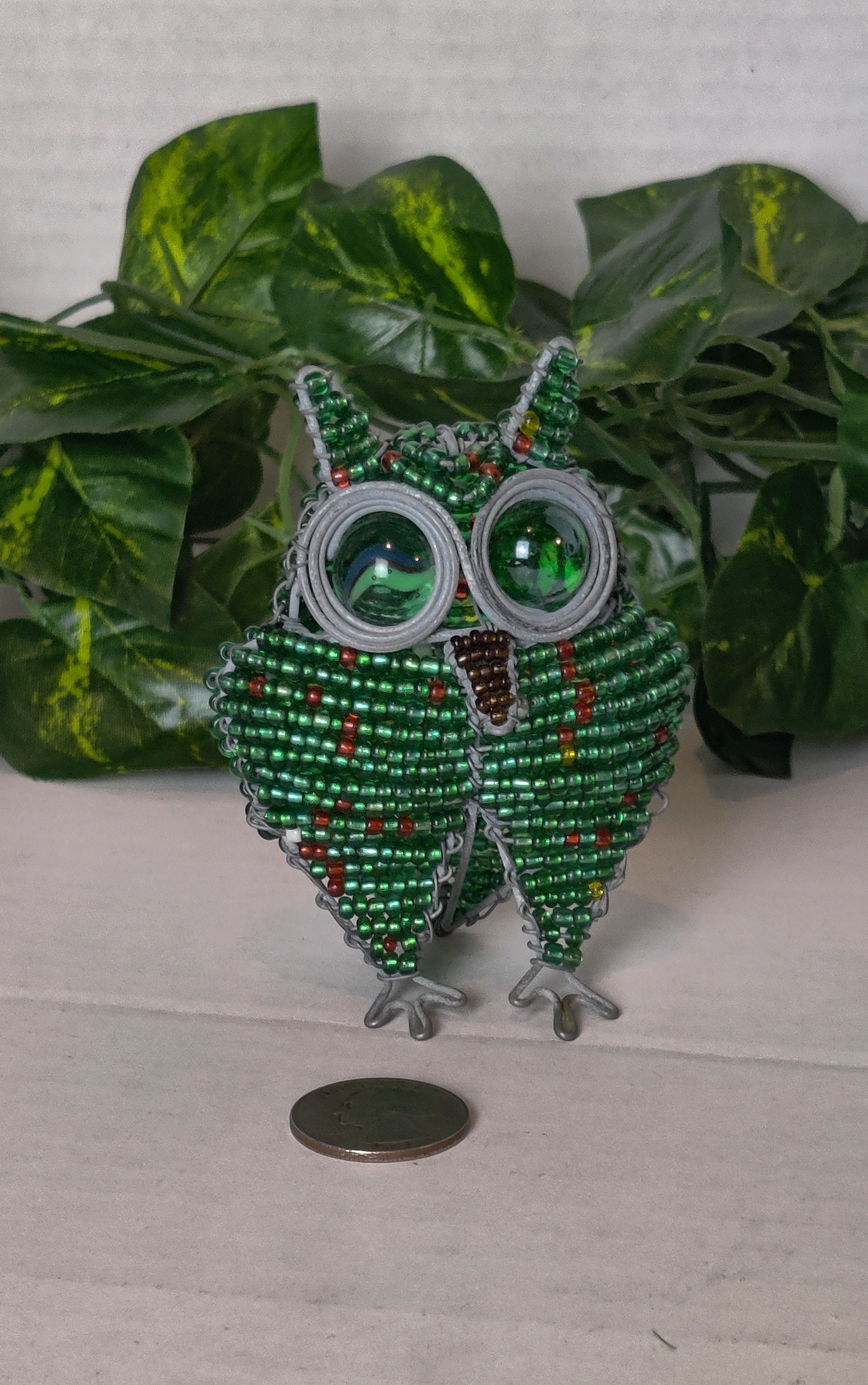 Medium Owl African Beaded Wire Art Green