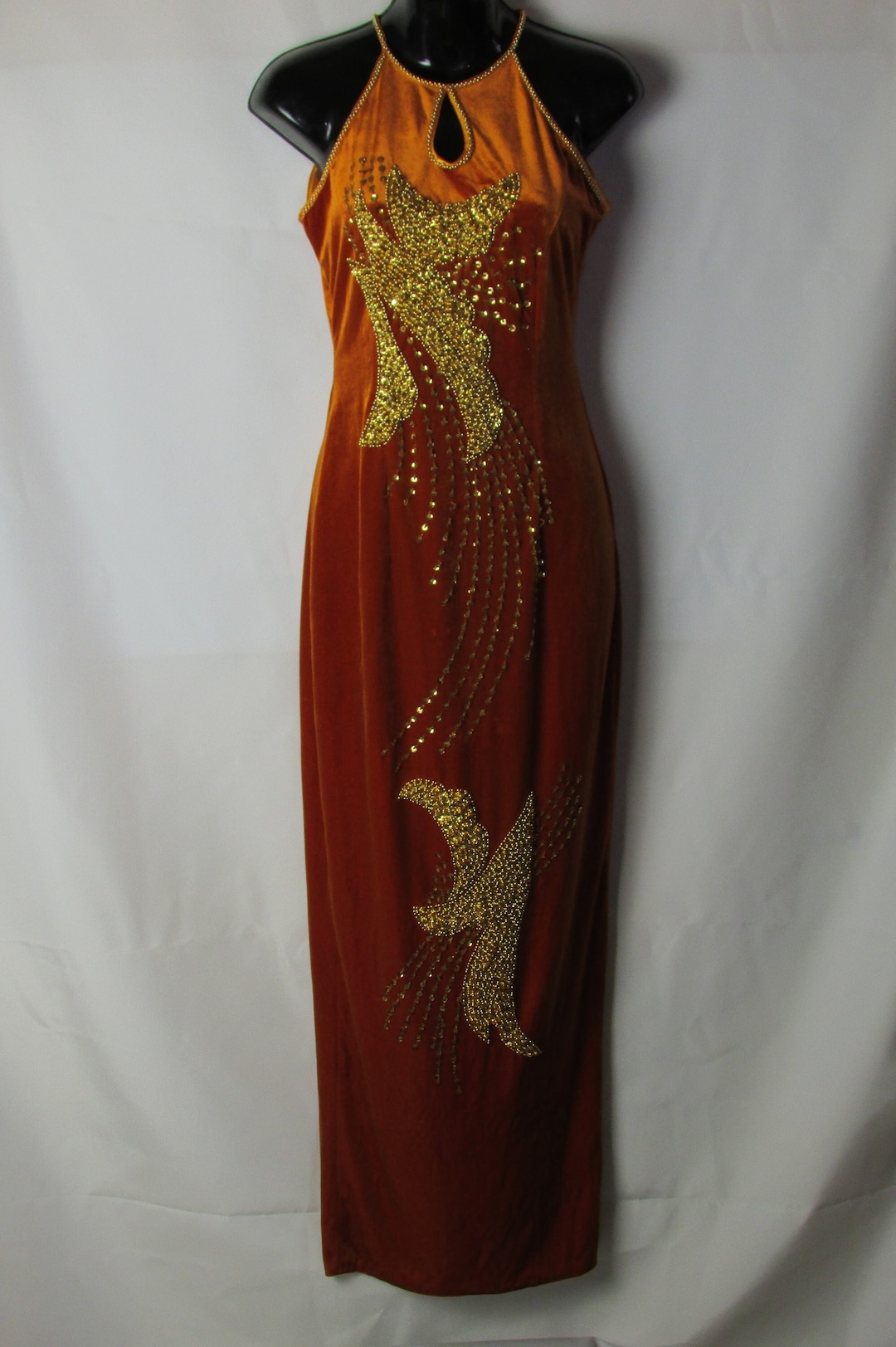 Graduation Prom Gown Velvet Hand Beaded Burnt Orange With Gold Sequins ...
