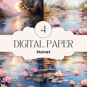 Monet Lily Pond com pintura de lírio e flor de lótus, lindos papéis digitais repetidos x 4