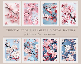 8 Beautiful Pink Japanese Cherry Blossom Repeating Pattern Digital Papers, Floral Design Pattern x 8