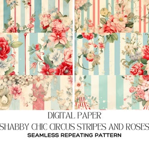 Shabby Chic Circus Tent and Stripe Illustration Seamless Digital Papers x 6