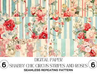 Shabby Chic Circus Tent and Stripe Illustration Seamless Digital Papers x 6