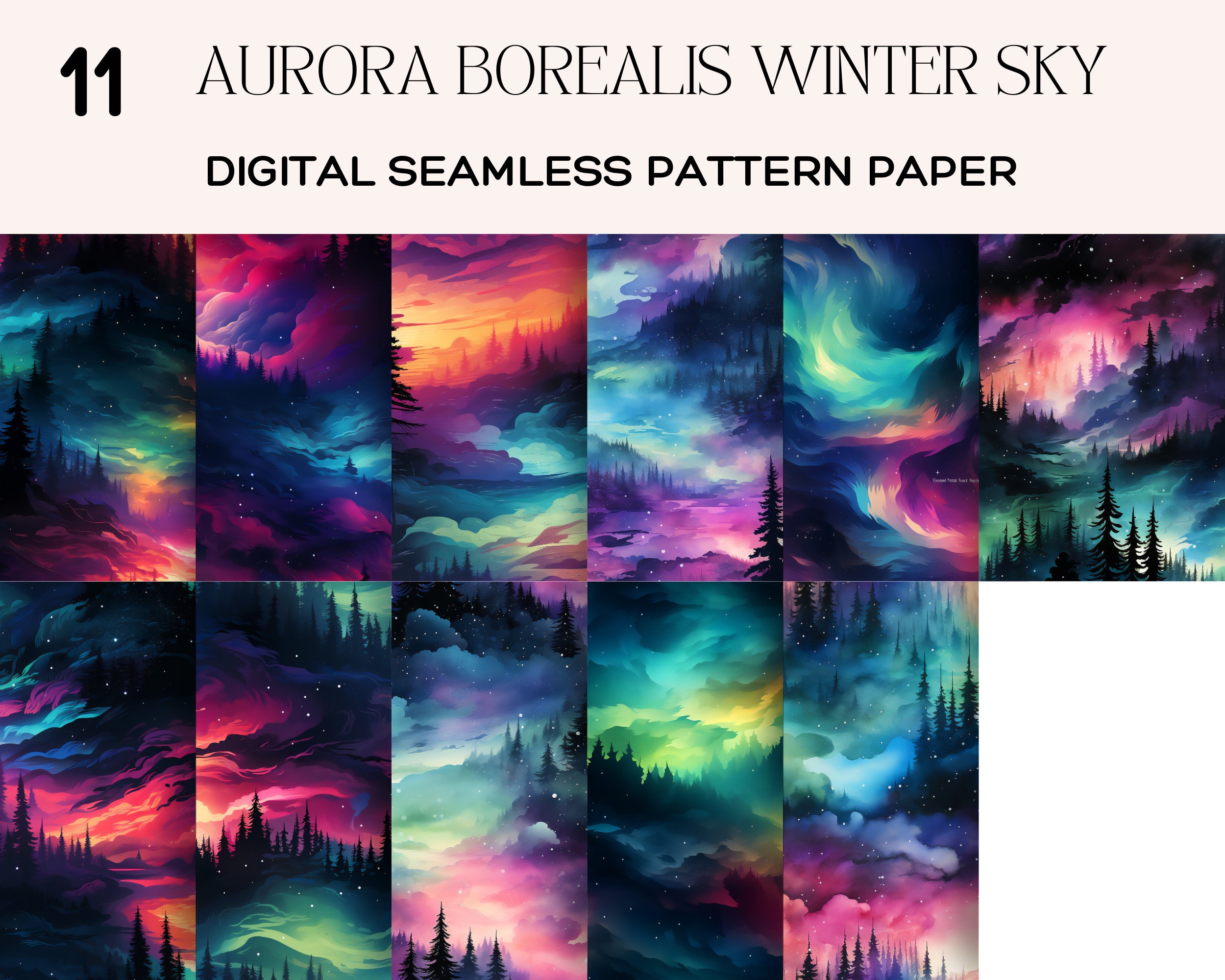 Aurora Borealis, Winterhimmel, Nordlichter, Südlichter, Aurora Australis, Nahtlose Muster Illustration Sich wiederholende Digitale Papiere x 11