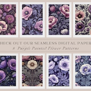 Könnte beinhalten: Acht nahtlose digitale Papiermuster mit lila gemalten Blumen. Die Muster sind im Vintage-Stil mit filigranen Details.