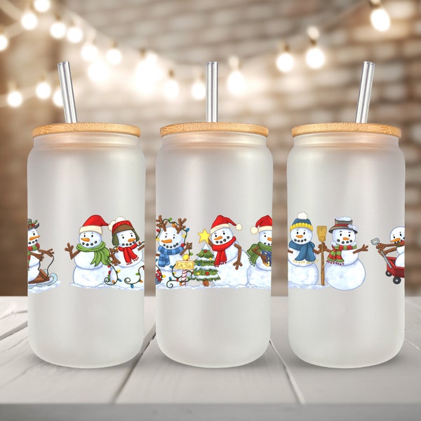 DIGITAL* Adorable SNOWMEN all in a row Cupwrap 16oz Libbey Glass Can Wrap png ONLY