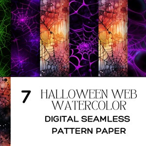 May include: Seven digital seamless pattern papers featuring watercolor spiderwebs in green, purple, and orange. The patterns are perfect for Halloween crafts and projects.