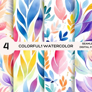 May include: Four seamless digital paper patterns featuring watercolor illustrations of colorful leaves and branches. The patterns are in shades of blue, purple, pink, yellow, and orange.