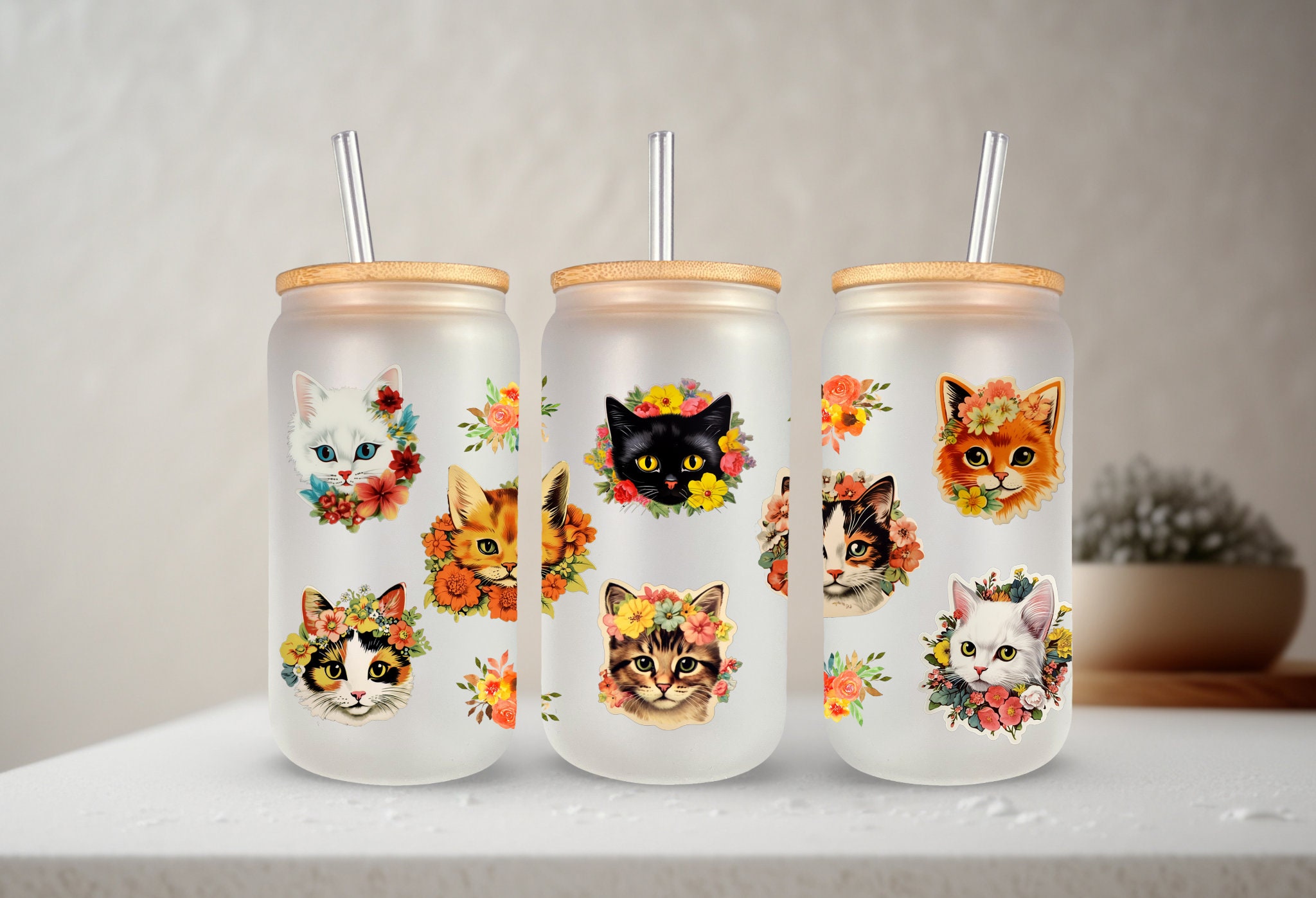Vintage Cat Faces Cupwrap 16oz Libbey Glass Can Wrap PNG ONLY