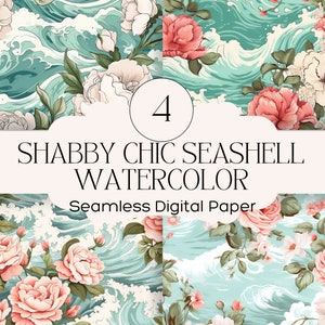 Shabby Chic Ocean Waves and Roses Repeating Pattern Seamless Digital Papers x 4