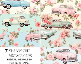 Shabby Chic Vintage Autos und Rosen wiederholendes Muster Seamless Digital Papers x 17