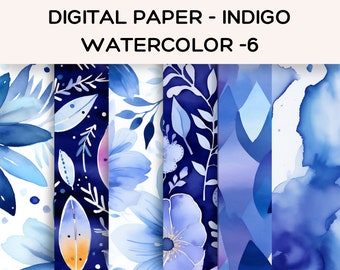 Beautiful Watercolor Indigo Seamless Digital Papers x 6