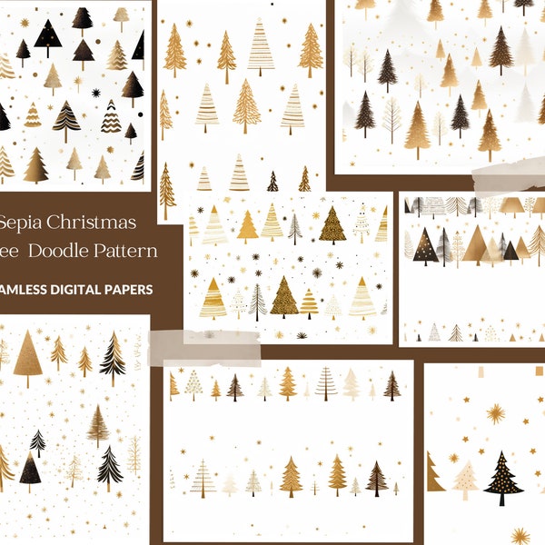 Beautiful Sepia Brown Vintage Toned Christmas Tree Seamless Pattern Paper, Illustration Seamless Repeating Digital Papers x 8