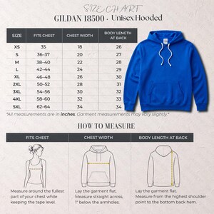 May include: A size chart for a Gildan 18500 hooded sweatshirt, featuring a table with sizes XS to 5XL and corresponding measurements in inches. Includes a bright blue hoodie with white drawstrings and diagrams illustrating how to measure chest and length.
