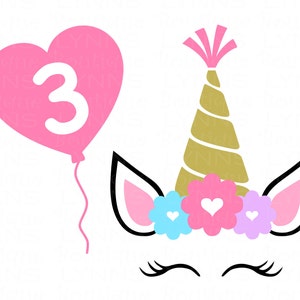 3rd Birthday Unicorn SVG: Party Clipart, Cut File