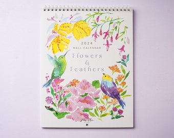 Calendario de pared 2024 de flores y plumas. Calendario de pared. Calendario de aves. Flora fauna. Arte floral. Calendario floral. Regalo para ella. Calendario de arte