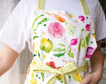 Farmer’s Market Apron with Pocket. Botanical Kitchen Apron. Apron for Women. Cute Apron with Fruits and Vegetables. Mother’s Day Gift.